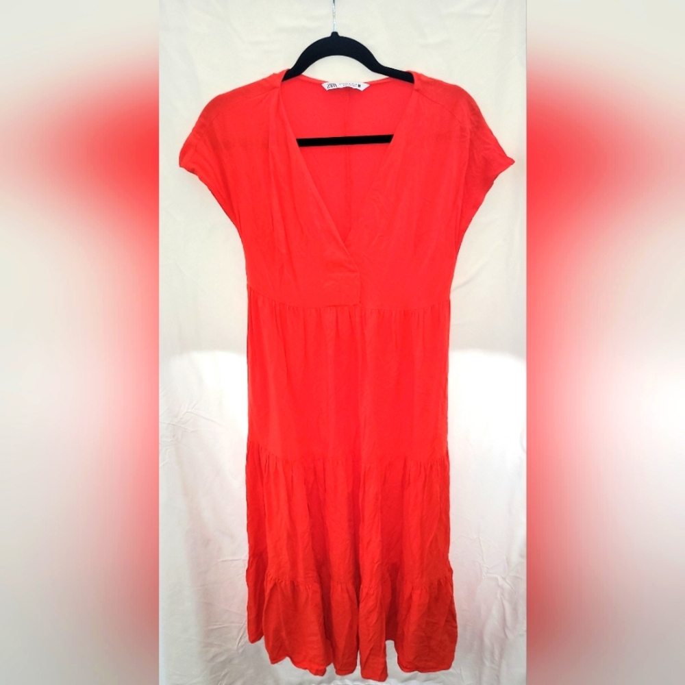 Zara Red V-Neck Midi Dress Size XS